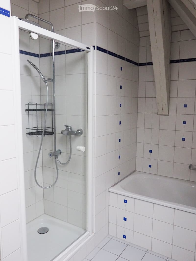 Modern bathroom with a bathtub and a separate shower area. The shower has a glass enclosure and a handheld showerhead, while the bathtub features a sleek design with tiled walls and floor.
