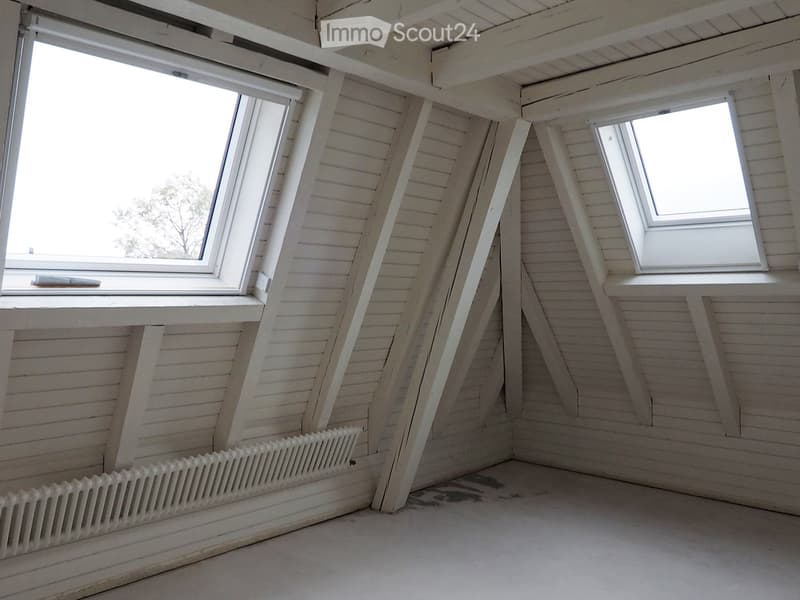 Empty attic space with white wooden walls, exposed wooden beams, and two skylights. A white radiator is mounted on one wall.