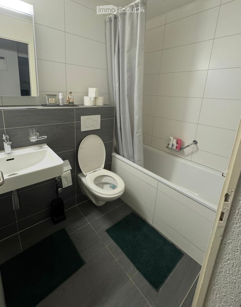 Modern bathroom with a white sink, toilet, bathtub, and mirror. Dark grey tiles on the floor and walls, with a shower curtain and a small shelf holding toiletries.