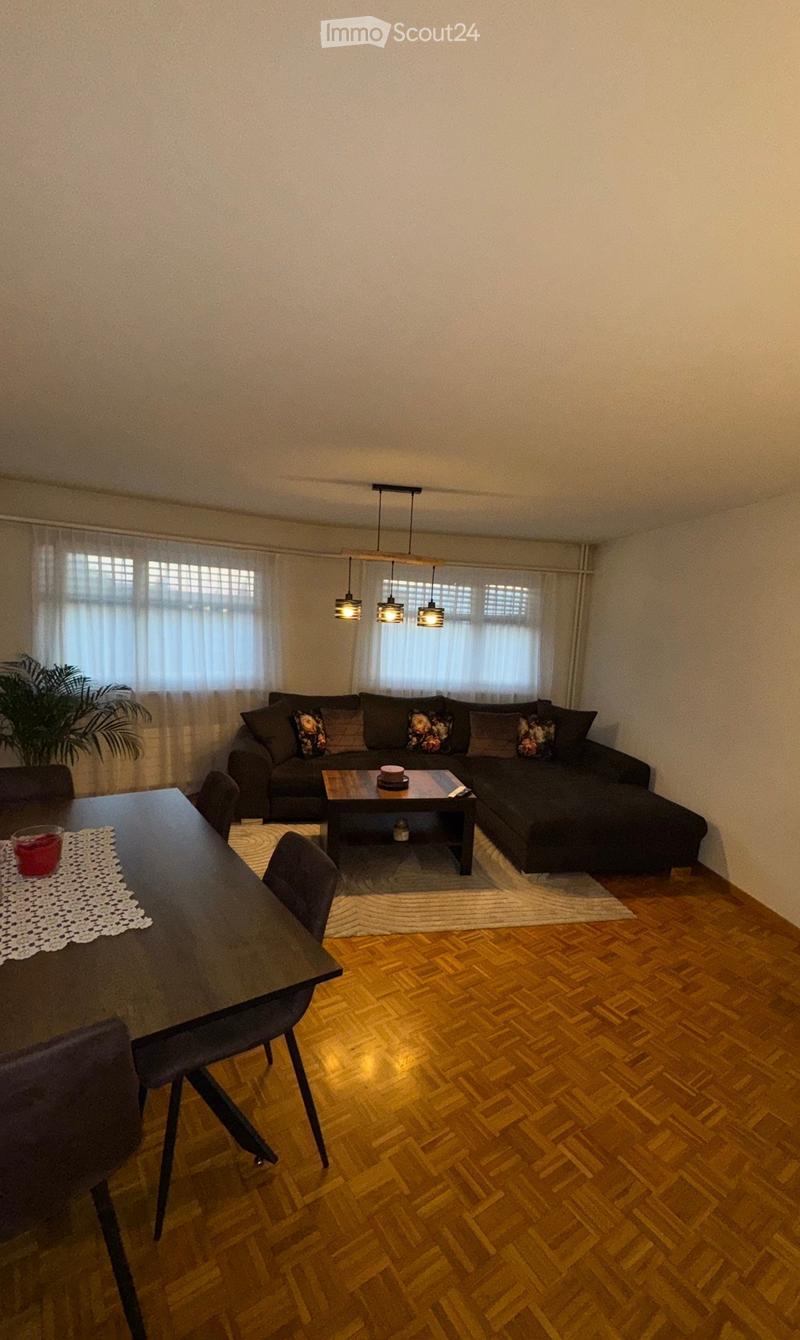 Modern living and dining area with a dark grey sectional sofa, coffee table, dining table with chairs, and a potted plant near the window.