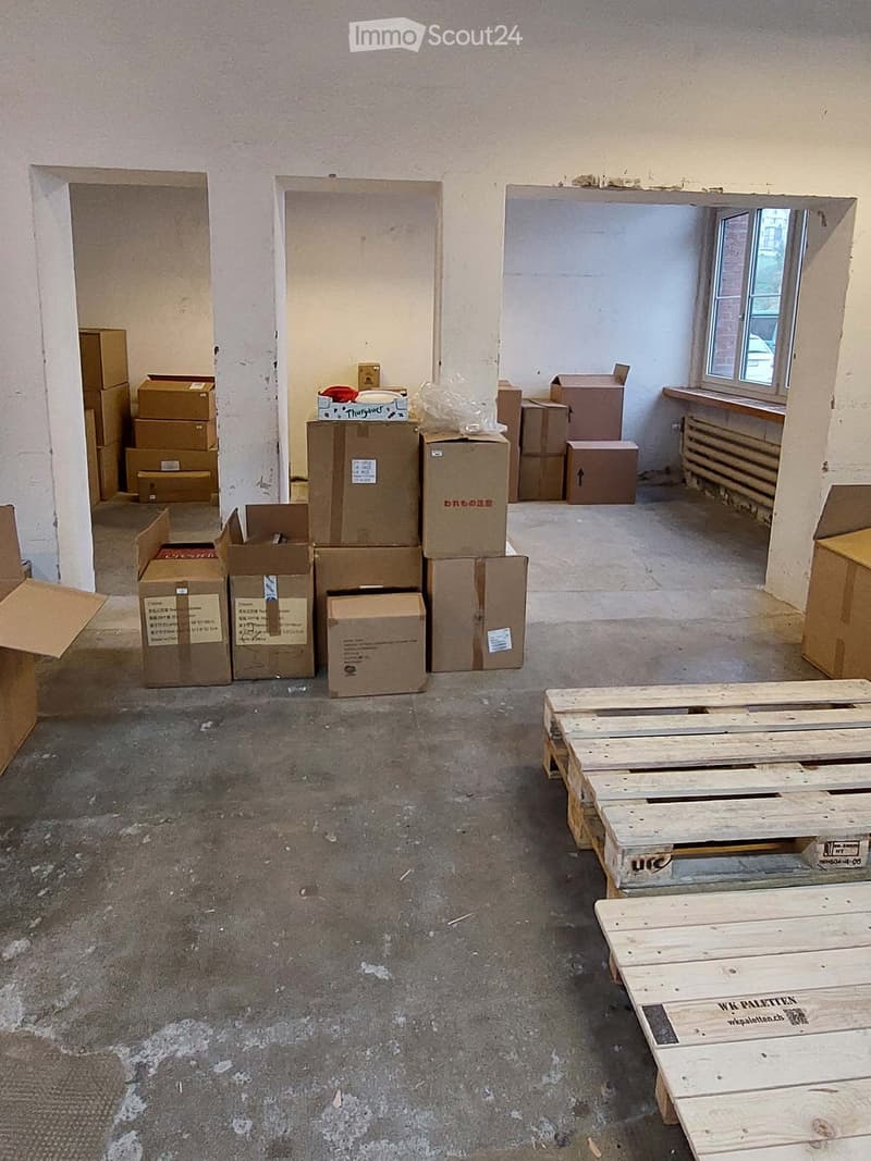 Empty room with bare walls and concrete floor, several cardboard boxes stacked in the center, and wooden pallets on the right side.