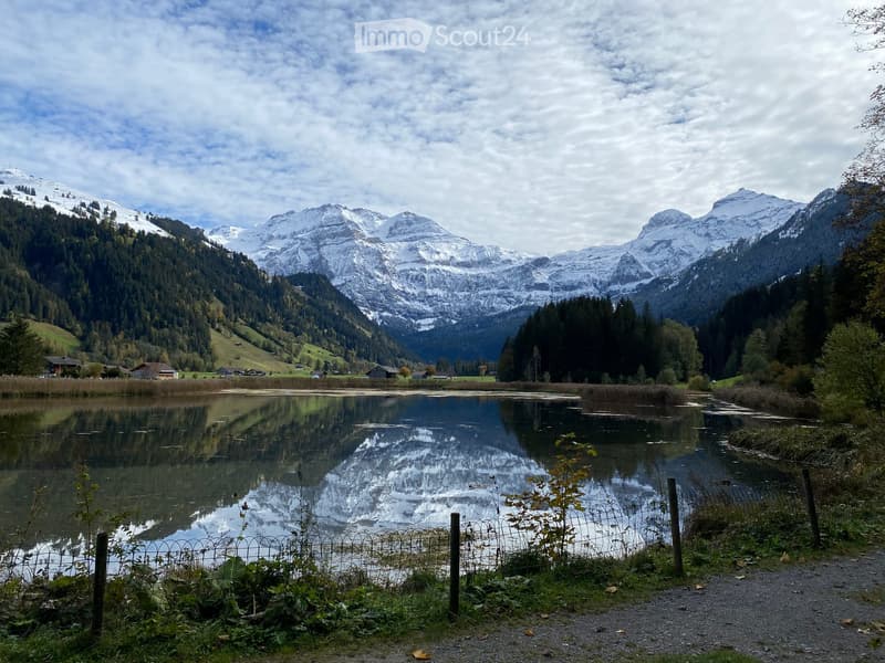 A serene lake surrounded by lush greenery and snow-capped mountains, with a gravel path and a wire fence in the foreground.