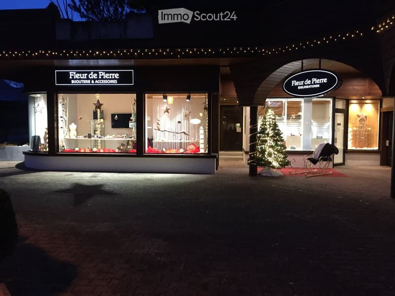 Storefront of "Fleur de Pierre" with festive Christmas decorations, including a Christmas tree, sleigh, and illuminated stars in the windows.