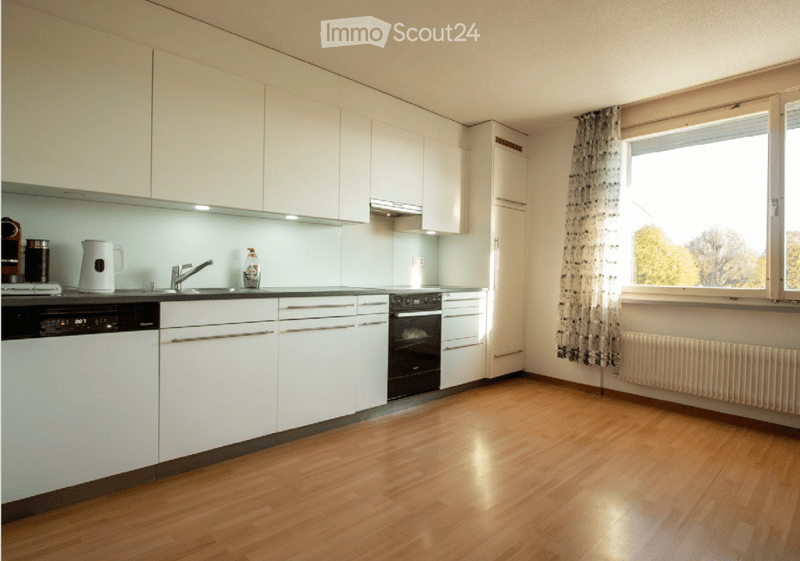 Modern kitchen with white cabinets, wooden flooring, and stainless steel appliances including a dishwasher and oven. A window with curtains allows natural light to enter.
