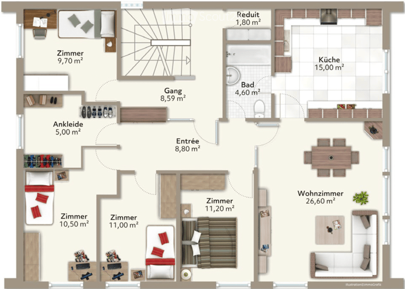 Floor plan of a 3-bedroom apartment with living room, kitchen, bathroom, hallway, and entrance area.