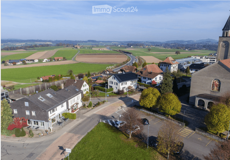 Aerial view of a small town with houses, a church, and surrounding farmland.