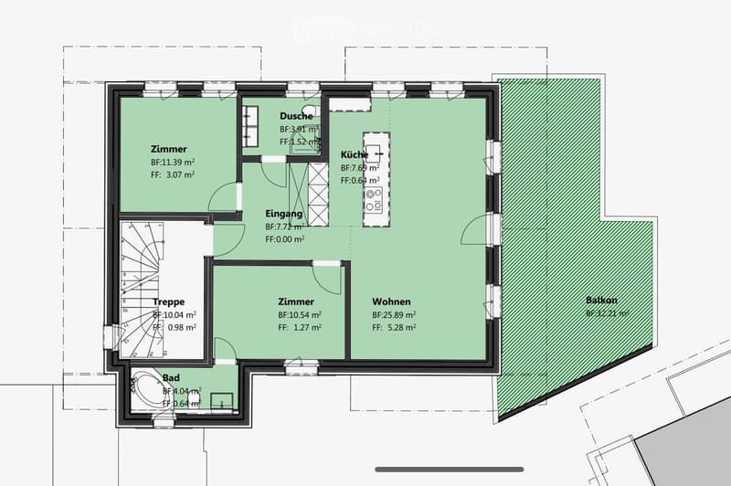 Floor plan showing a layout with a living area, two bedrooms, a kitchen, a bathroom, a hallway, a staircase, and a balcony.
