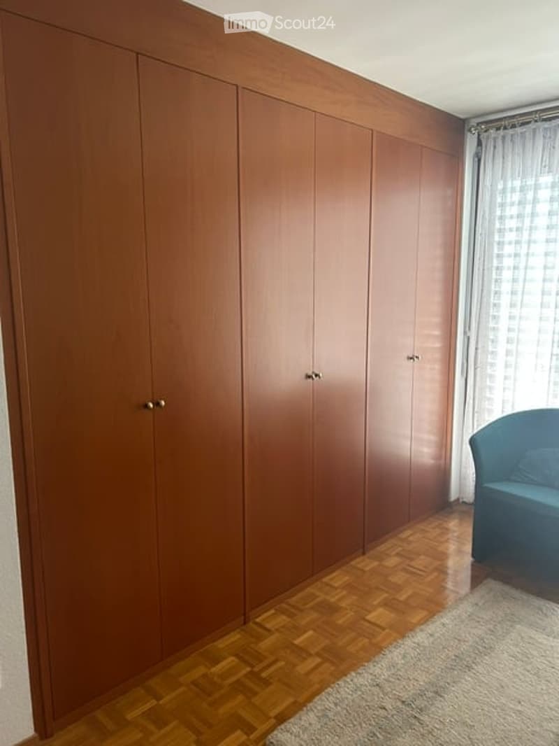 A modern, minimalist room with a large built-in wooden wardrobe, a blue sofa, and a light-colored rug on a wooden floor.