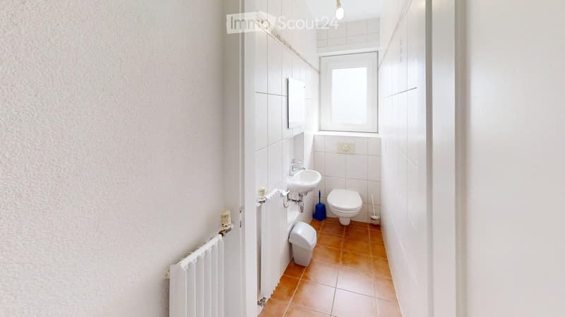 Small bathroom with white tiles, a sink, toilet, mirror, radiator, and cleaning supplies.