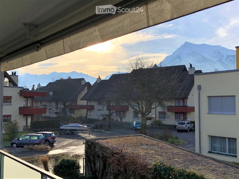 Balcony view overlooking a residential area with houses, parked cars, and a boat trailer, with mountains in the background.