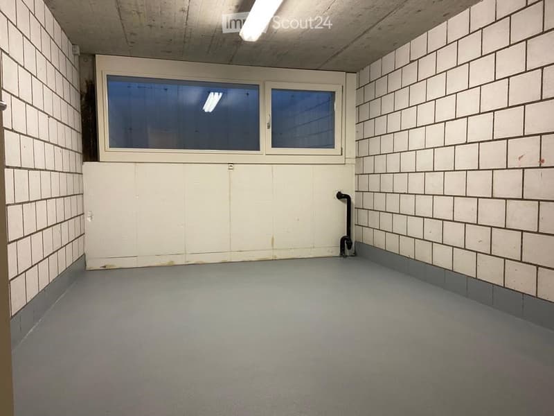 Empty room with white tiled walls, grey floor, large window, and white garage door.