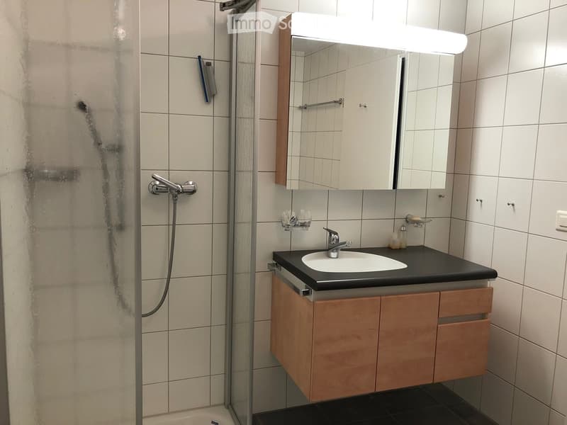 Modern bathroom with a white tiled shower area, a wooden vanity with a black countertop, a sink, a mirror with built-in lighting, and a glass shelf holding cups and bottles.