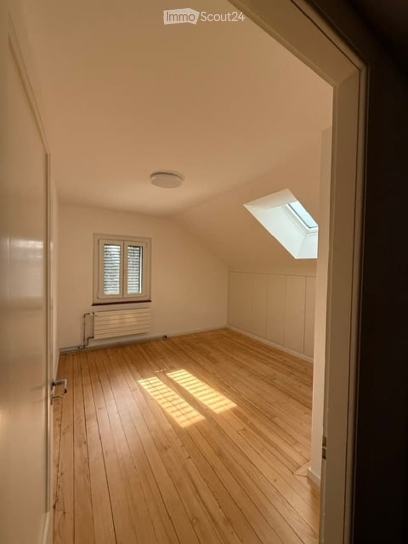 Empty attic room with wooden flooring, white walls, a window with shutters, and a skylight letting in natural light.