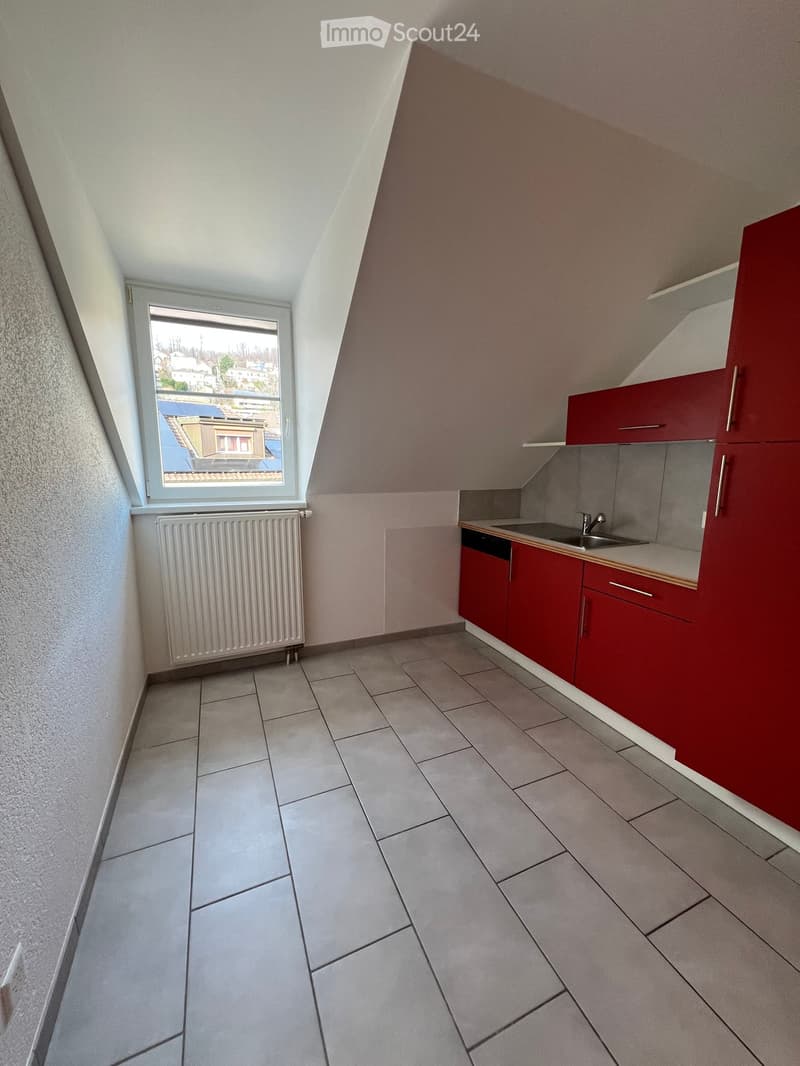 kitchen, red cabinets, white tiled floor, white heater, single window, dishwasher, sink, faucet