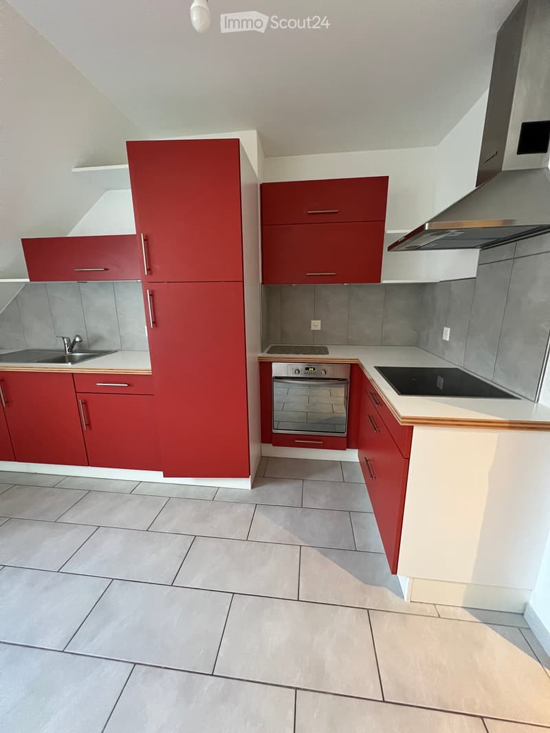 white tiles, red cabinets, built-in oven, silver countertop, stainless steel exhaust hood, dishwasher, sink