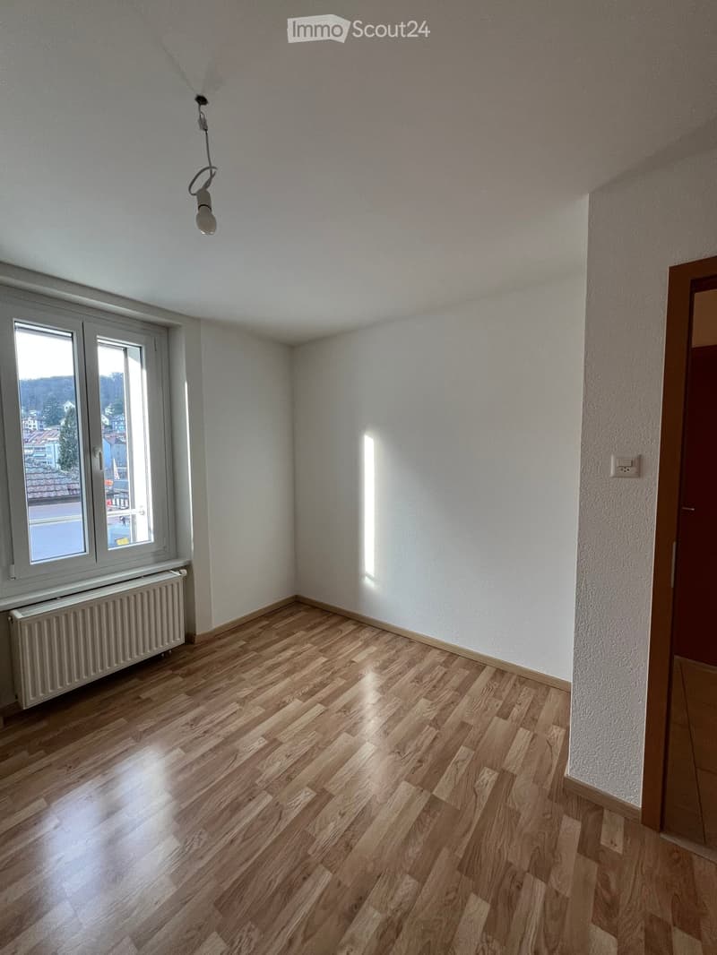 Empty room with hardwood floors, white walls, white radiator, white windows, single ceiling light