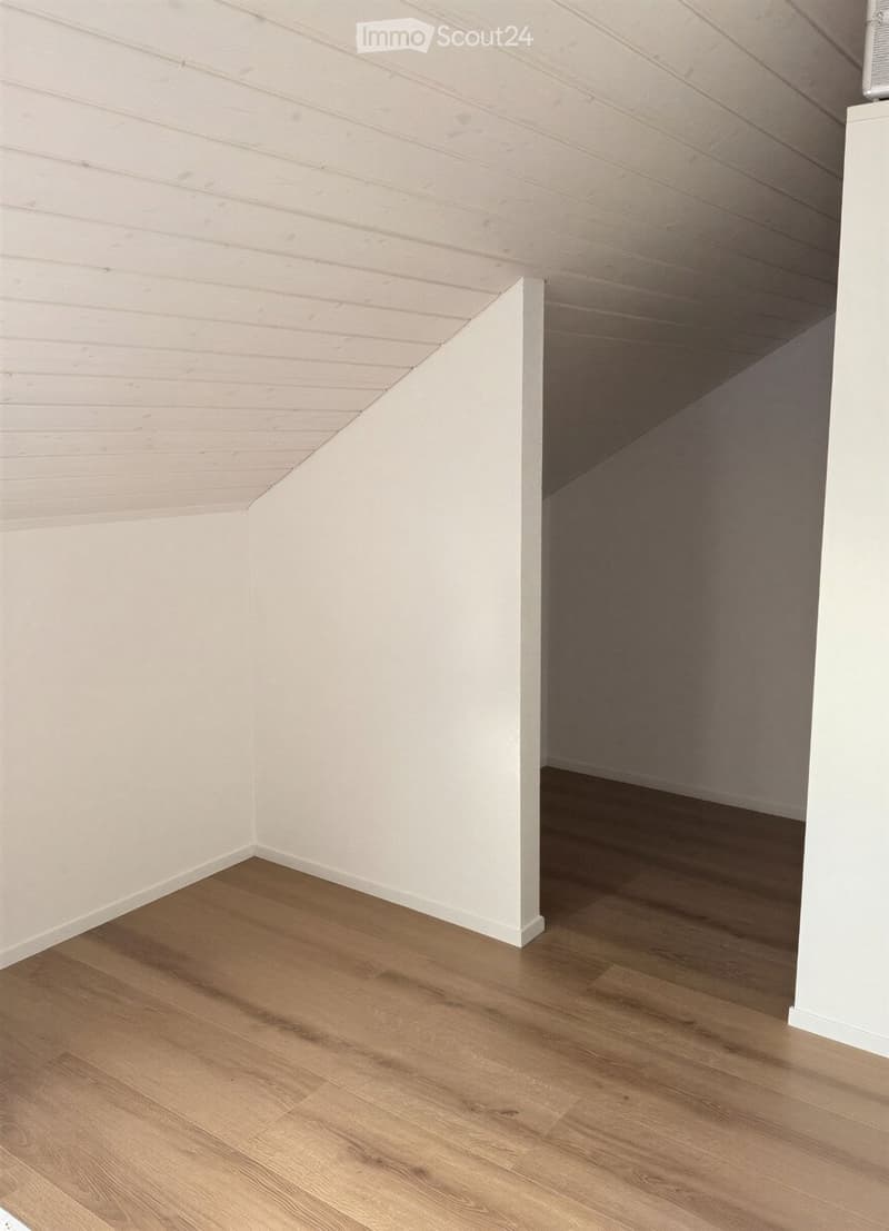 Empty room with light wooden flooring and white walls, featuring a slanted ceiling and a visible doorway leading to another space.