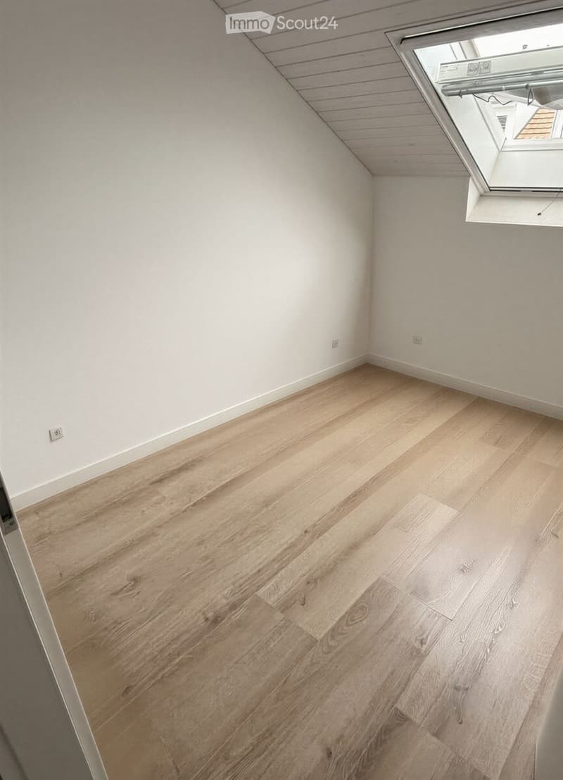 Empty room with light wooden flooring and white walls, featuring a skylight window in the ceiling.
