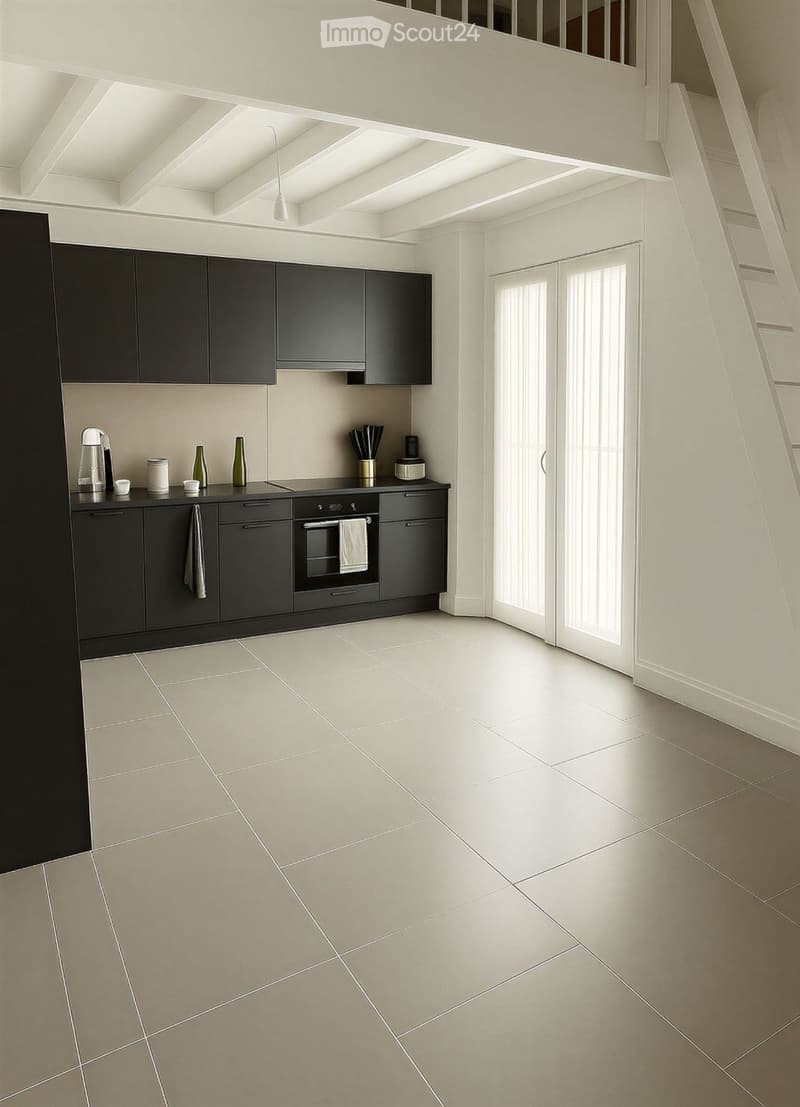 Modern kitchen with black cabinets, white tiled floor, and stainless steel appliances. Features a built-in oven, coffee maker, and various kitchen items on the counter.