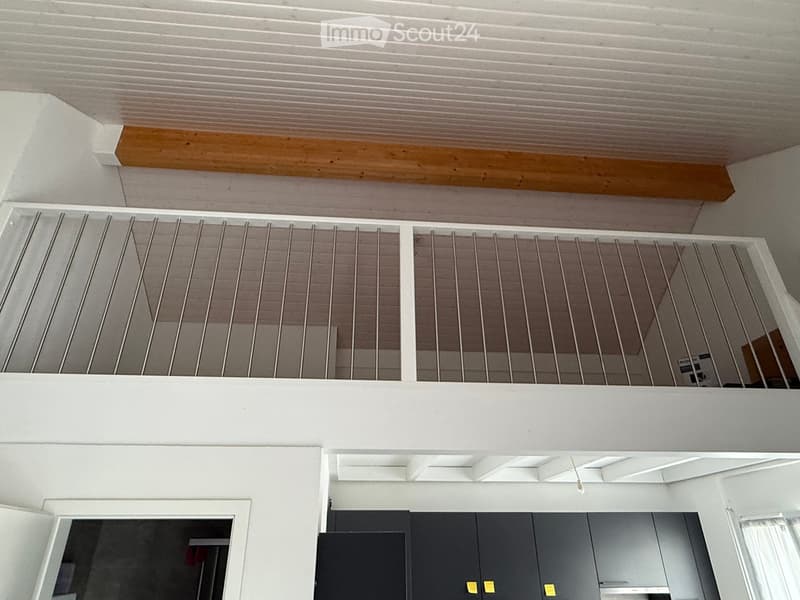 Modern interior with white walls, wooden ceiling beams, and metal railings separating levels. Features include a raised ground floor and open-plan design.