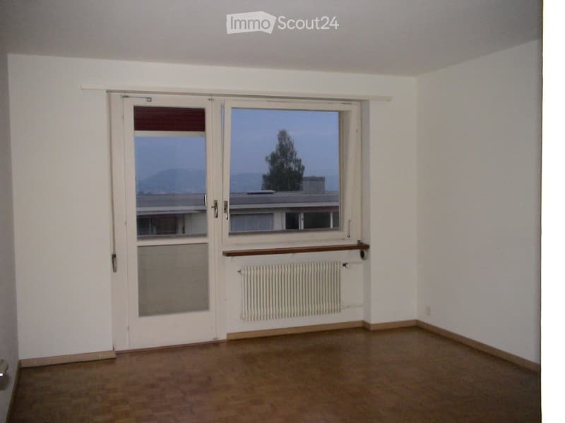 Empty room with wooden flooring, white walls, large window with view, radiator, and shelf.