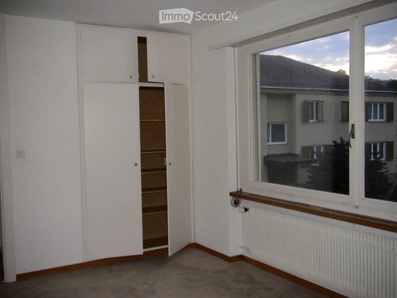 Empty room with white walls, carpeted floor, large window with wooden sill, radiator, and open closet with shelves.