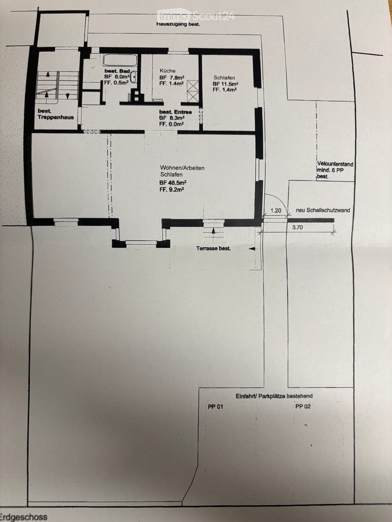 Floor plan of a house showing living/work space, bedroom, kitchen, bathroom, entrance, staircase, terrace, and parking spaces.