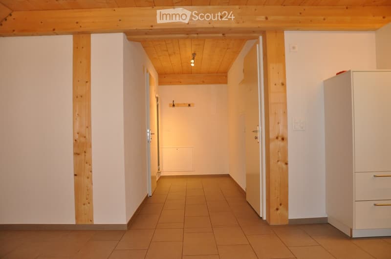 A clean, well-lit hallway with wooden beams and tiled flooring, featuring several doors and a small cabinet on the right side.