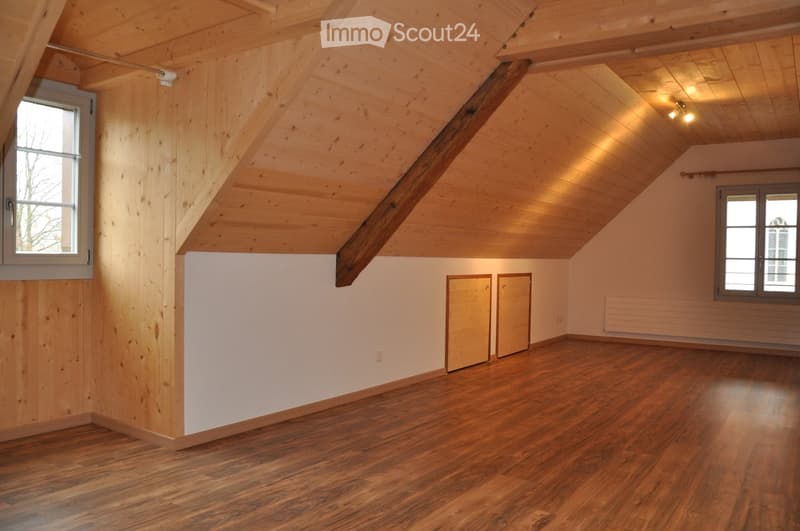 Empty attic room with wooden walls, wooden floor, exposed wooden beams, and two small doors. Natural lighting from windows on both sides.