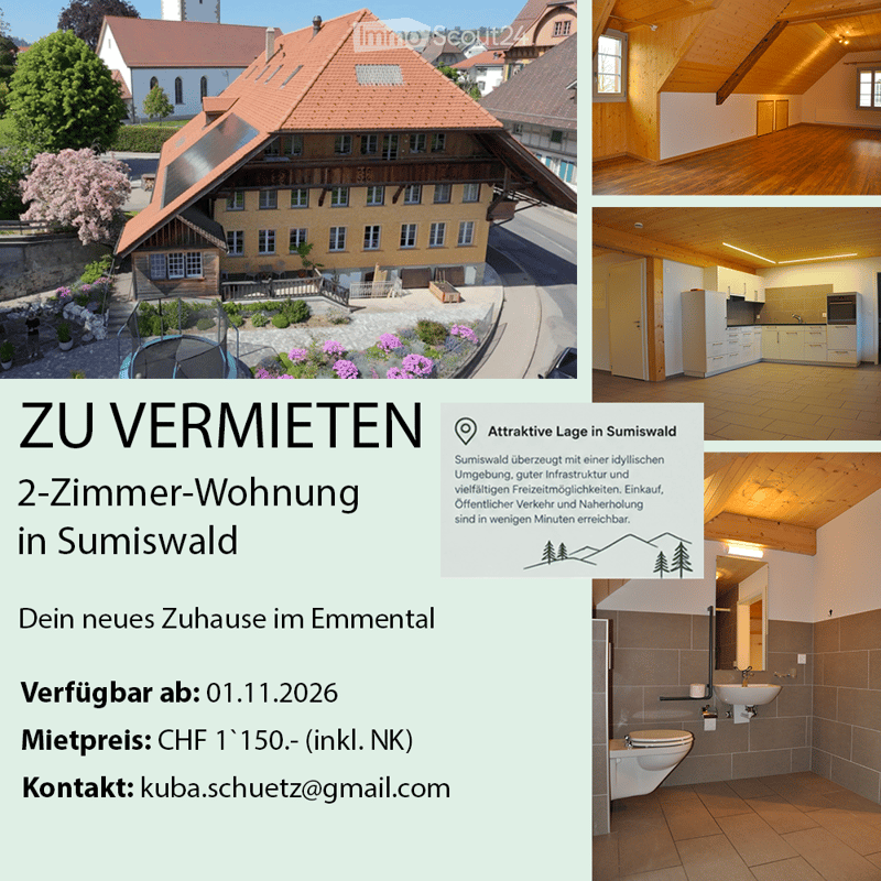 A two-story traditional house with a red-tiled roof, yellow facade, and multiple windows. The property includes a garden with flowers and a patio area. Interior shots show a modern kitchen, a spacious living area with wooden floors, and a bathroom with ti