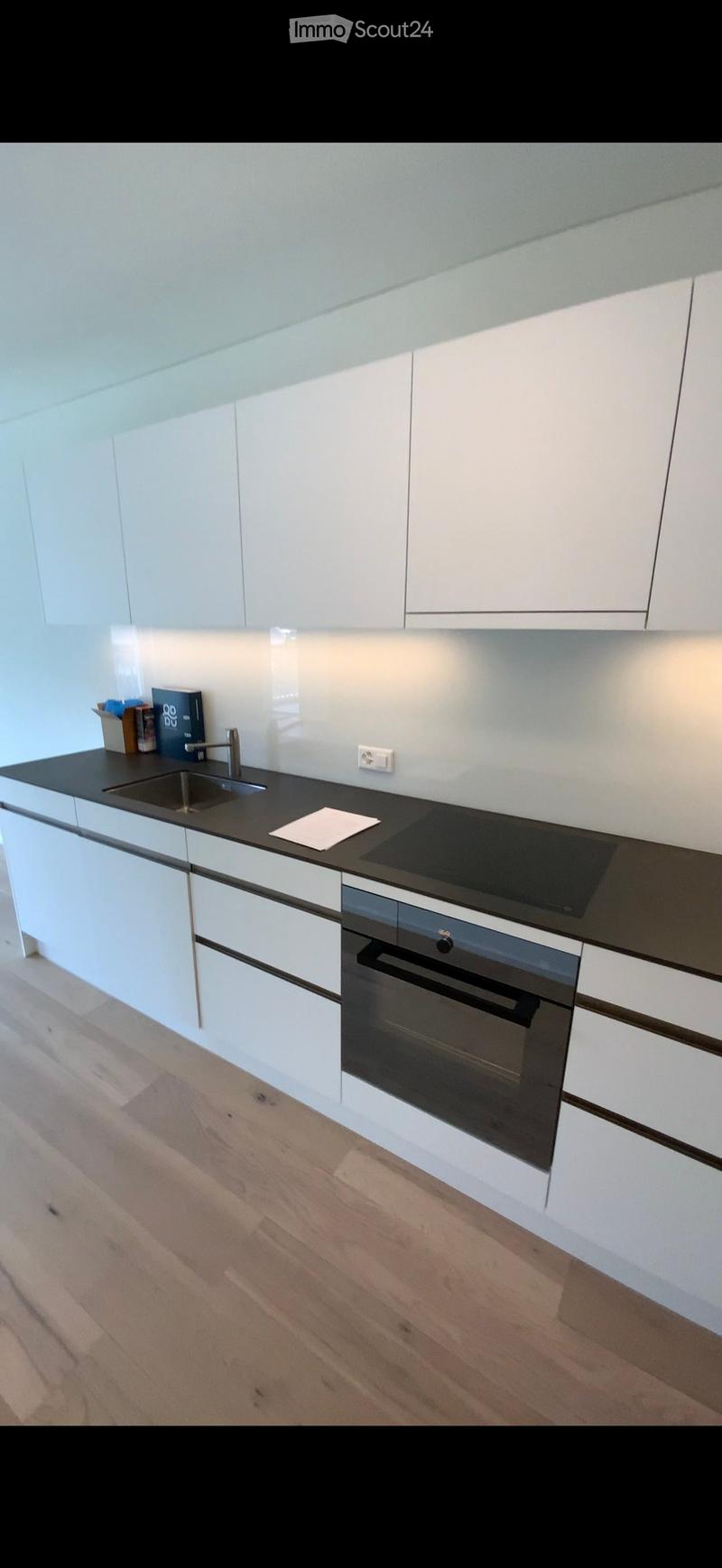 Modern kitchen with white cabinets, black countertop, stainless steel sink, and built-in oven.