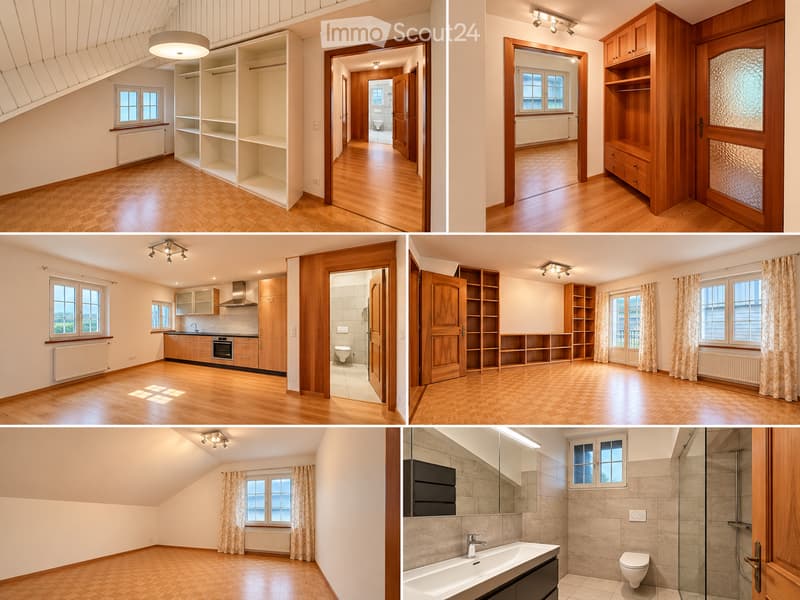 A collage of six images showcasing various unfurnished rooms in a house, including a hallway, kitchen, bathroom, and living spaces. All rooms feature wooden flooring, built-in shelving, and large windows with curtains. The kitchen has modern cabinetry and