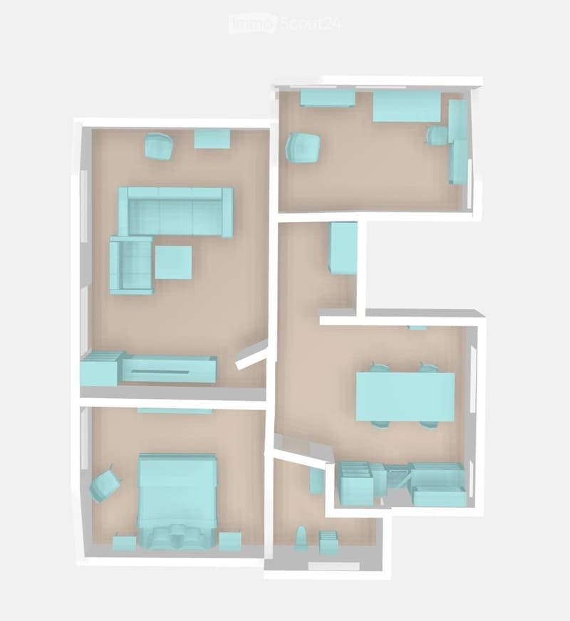 Floor plan of a multi-room apartment with a living room, dining area, three bedrooms, and a bathroom.