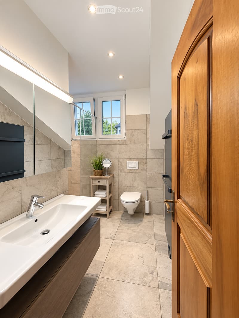 Modern bathroom with a white sink, toilet, large mirror, small wooden cabinet with towels, and a potted plant on the cabinet.