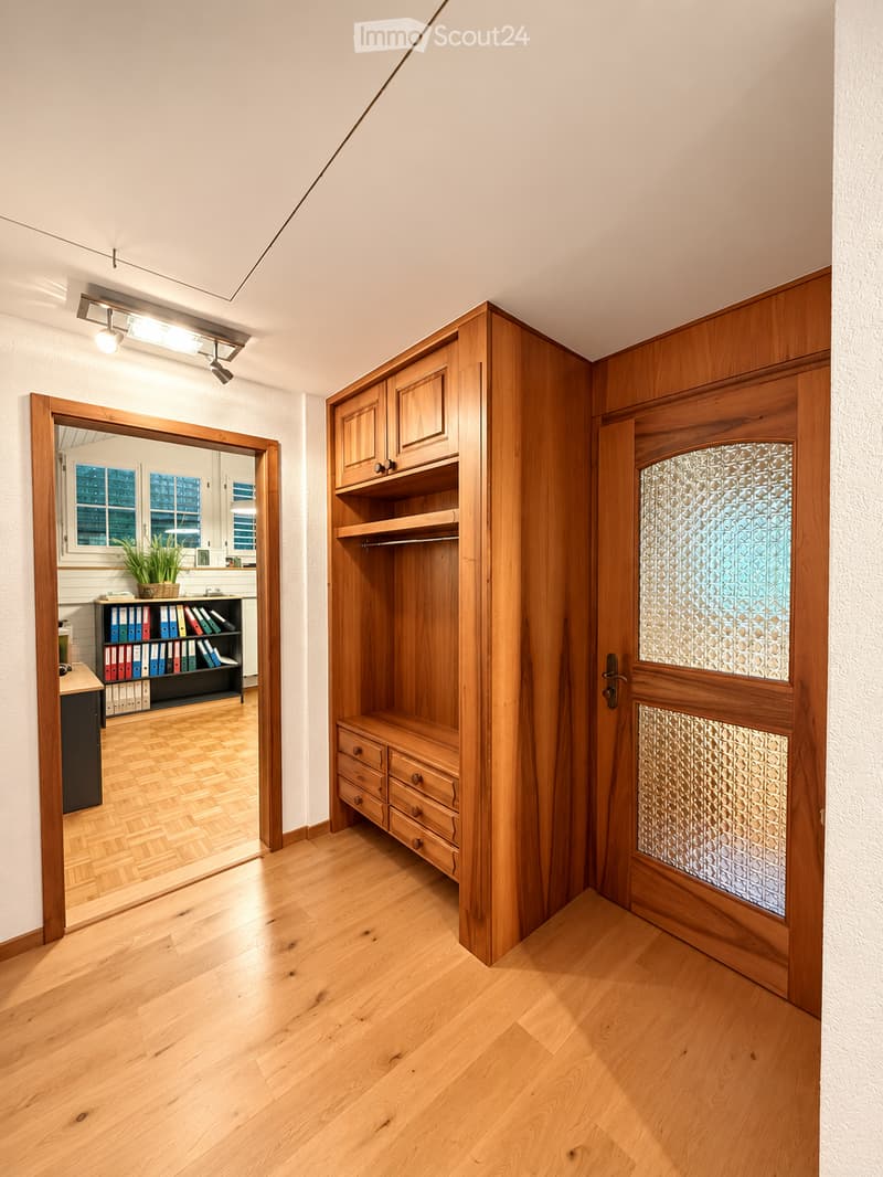A well-lit hallway with wooden flooring, built-in wooden cabinetry, and a decorative glass-paneled door leading to another room.