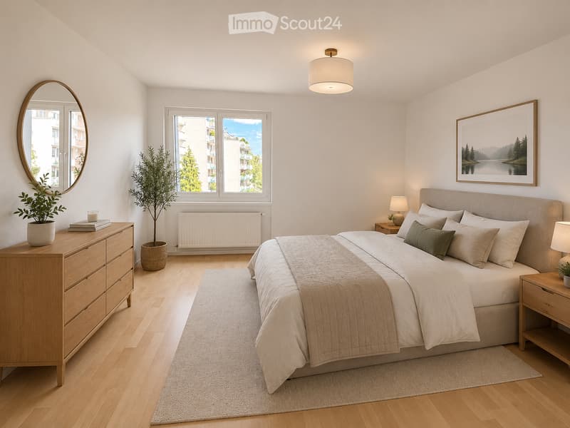 Modern bedroom with a large bed, nightstands, a dresser, a mirror, a picture frame, and potted plants. The room features wooden flooring and large windows with a view of the city.