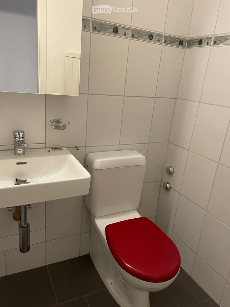 Modern bathroom with white tiles, a red toilet seat, a white sink with a chrome faucet, and a small mirror above the sink.