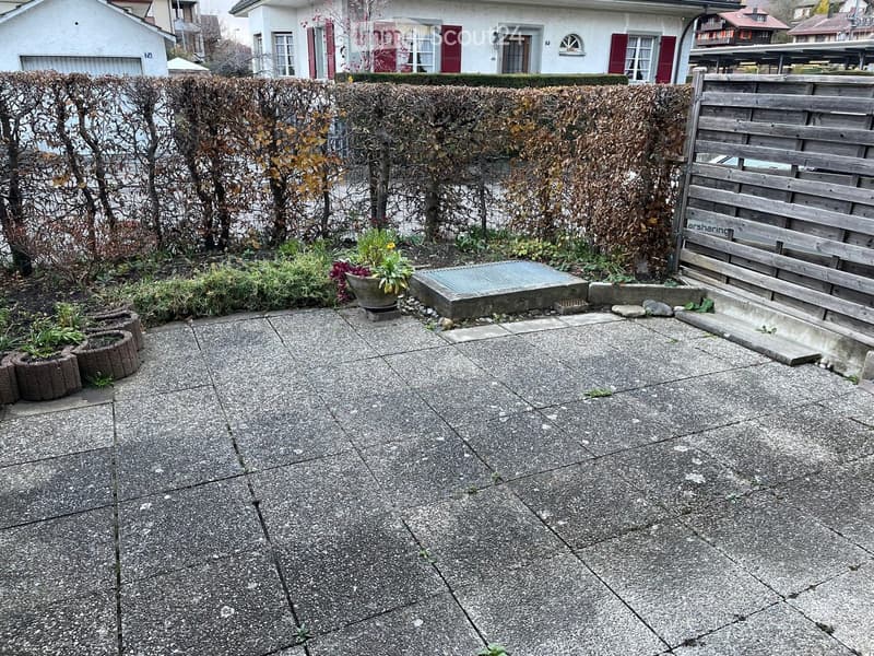 Garden area with a concrete patio, small plants in pots, a wooden fence, and a hedge border. The background shows a residential house with red shutters and white walls.