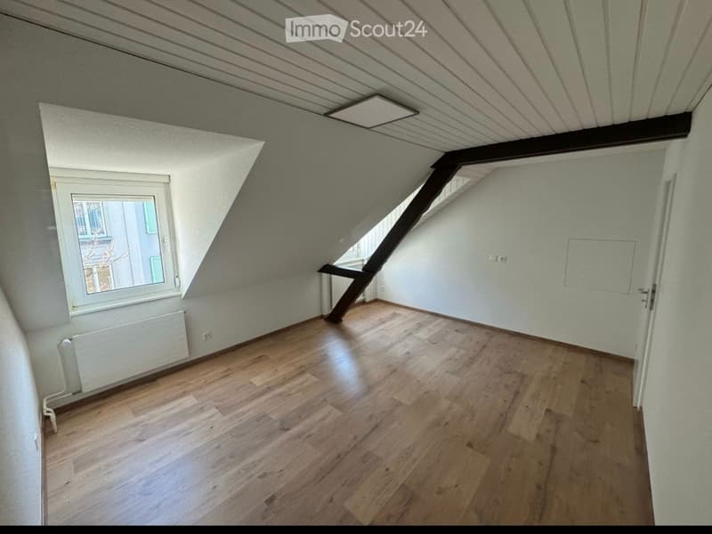 Empty attic room with wooden flooring, white walls, and a large window. No furniture or equipment present.