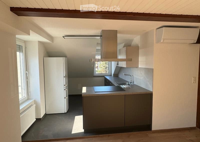 Modern kitchen with white refrigerator, dark grey cabinets, stainless steel sink, and range hood. Light-colored countertops and wooden flooring.