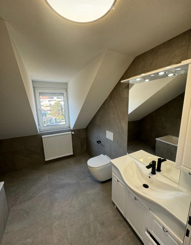 Modern bathroom with a sink, toilet, bathtub, and built-in cabinetry. Features a skylight and a window with a view of the outside.
