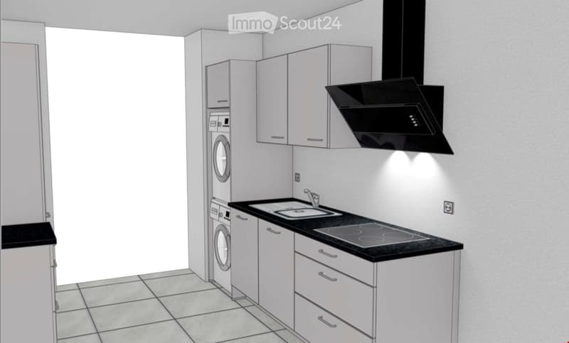Modern kitchen with white cabinets, black countertop, sink, stove, and integrated washing machine.