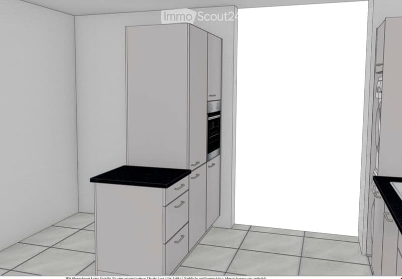 Modern kitchen with white cabinets, black countertop, and built-in oven.