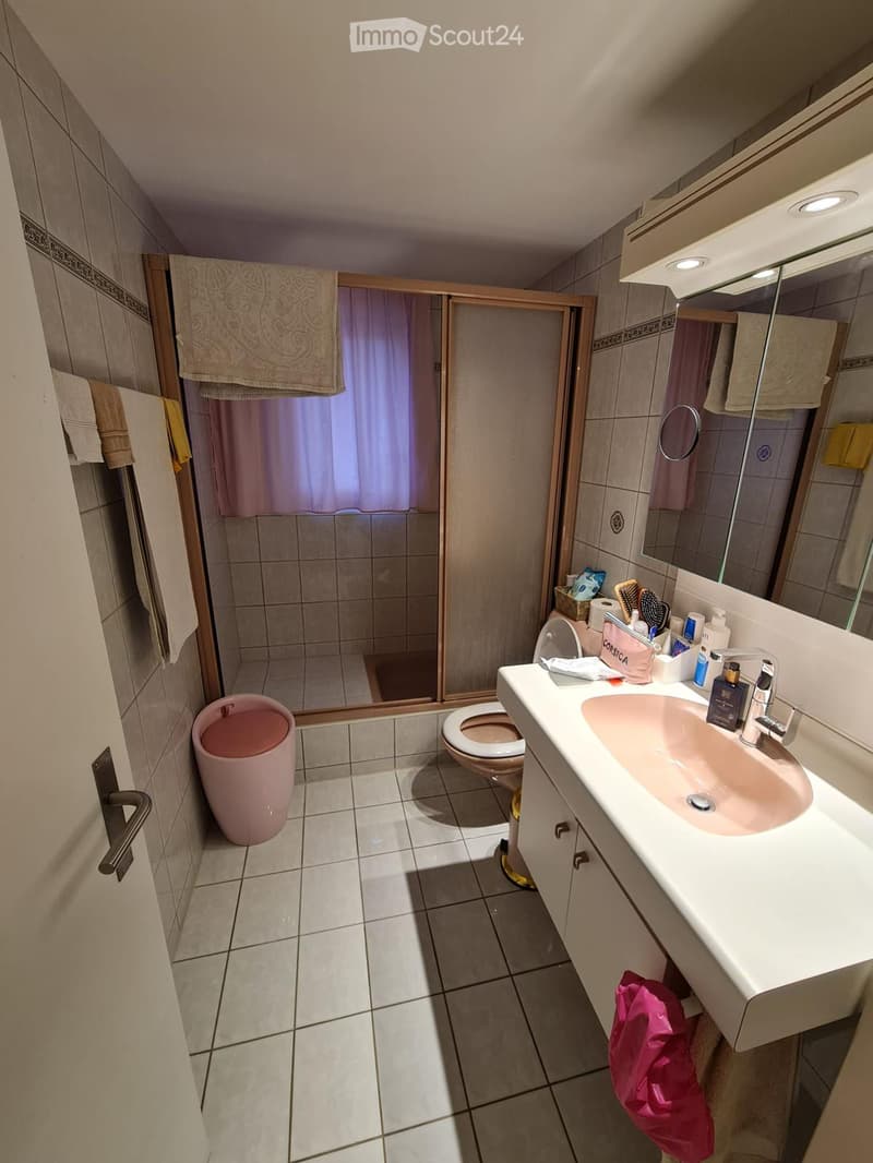 Bathroom with a sink, toilet, mirror, and shower area. Tiles on walls and floor, towels hanging on racks, and a trash bin visible.