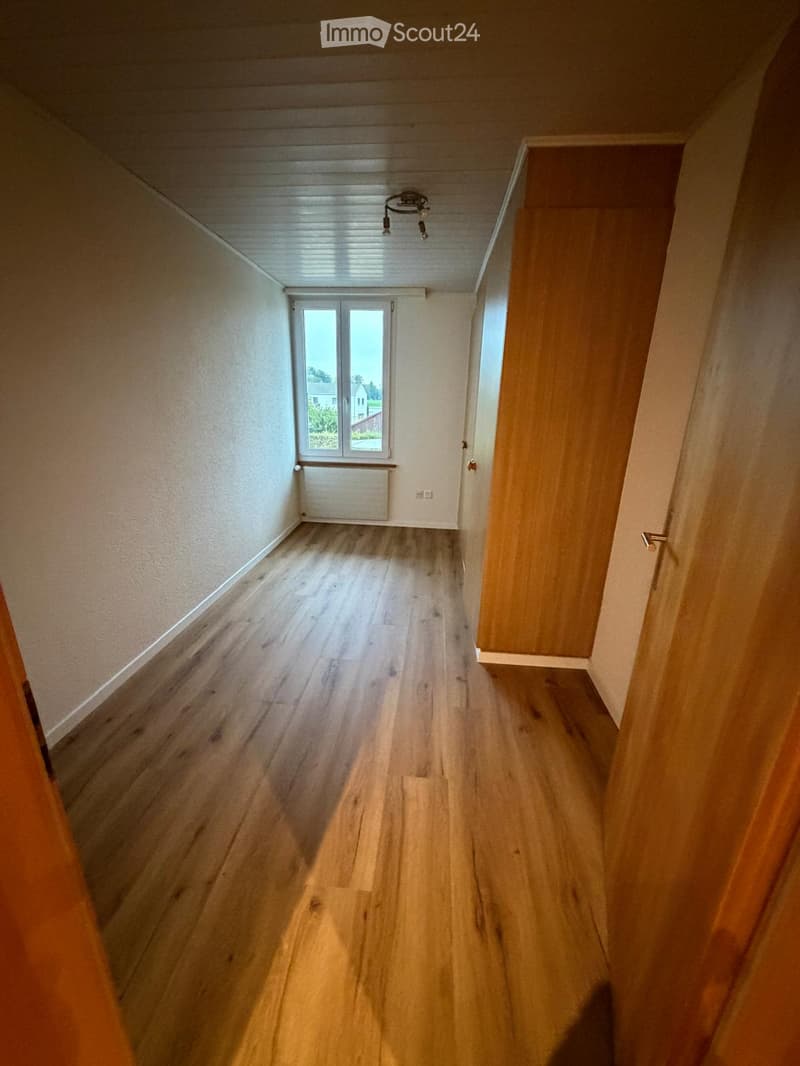 Empty hallway with wooden flooring, white walls, and a window at the end. The ceiling has a simple light fixture, and there are doors on both sides.