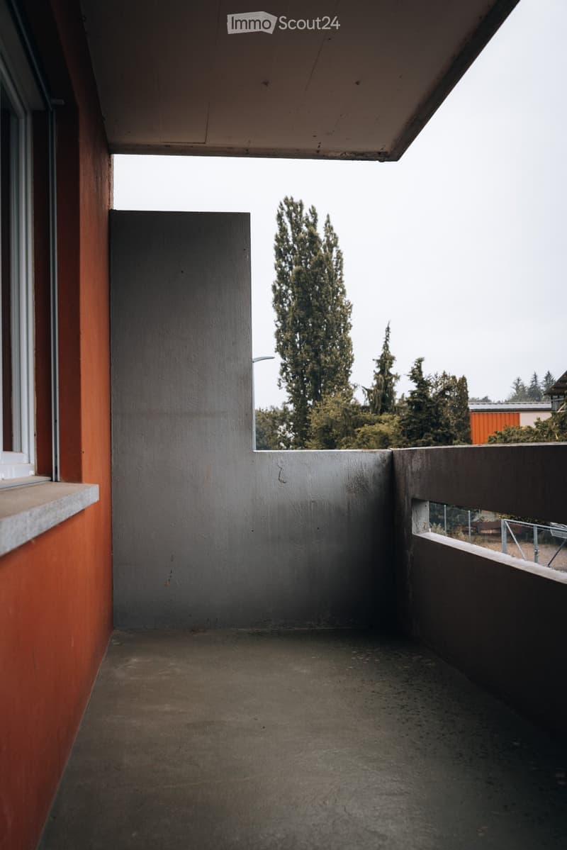 Empty balcony with concrete floor, low walls, and a view of trees and a building in the distance.