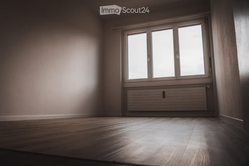 Empty room with wooden flooring, white walls, and a large window with white frames. A radiator is visible below the window.
