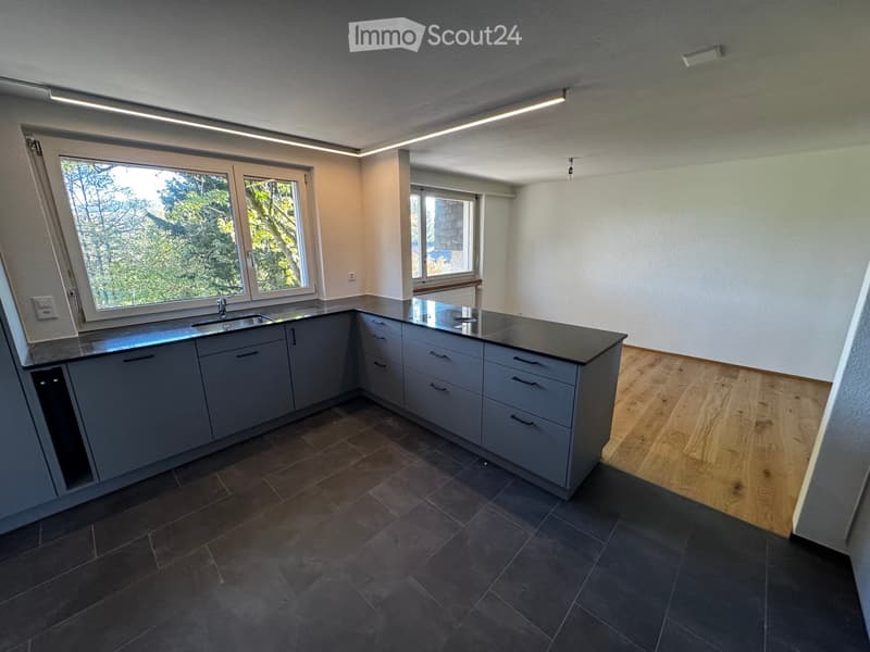 Modern kitchen with grey cabinets, black countertop, dark tiled floor, and large windows offering a view of greenery.