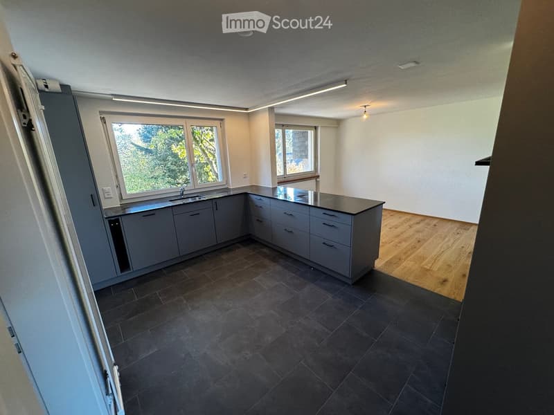 Modern kitchen with grey cabinets, dark tiled floor, and a wooden floor area. Features a sink and ample natural light from large windows.