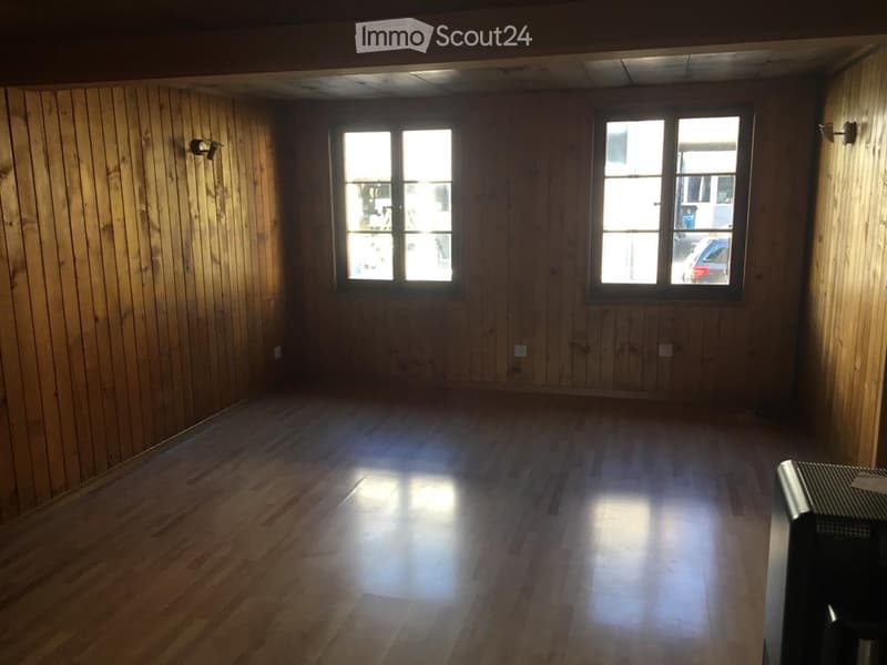 Empty room with wooden walls and floor, two windows, and a small black object in the corner.